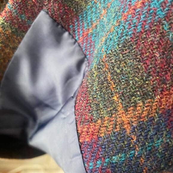 VTG 90s colorful plaid wool oversized blazer leather trim S academia old money - Picture 12 of 14